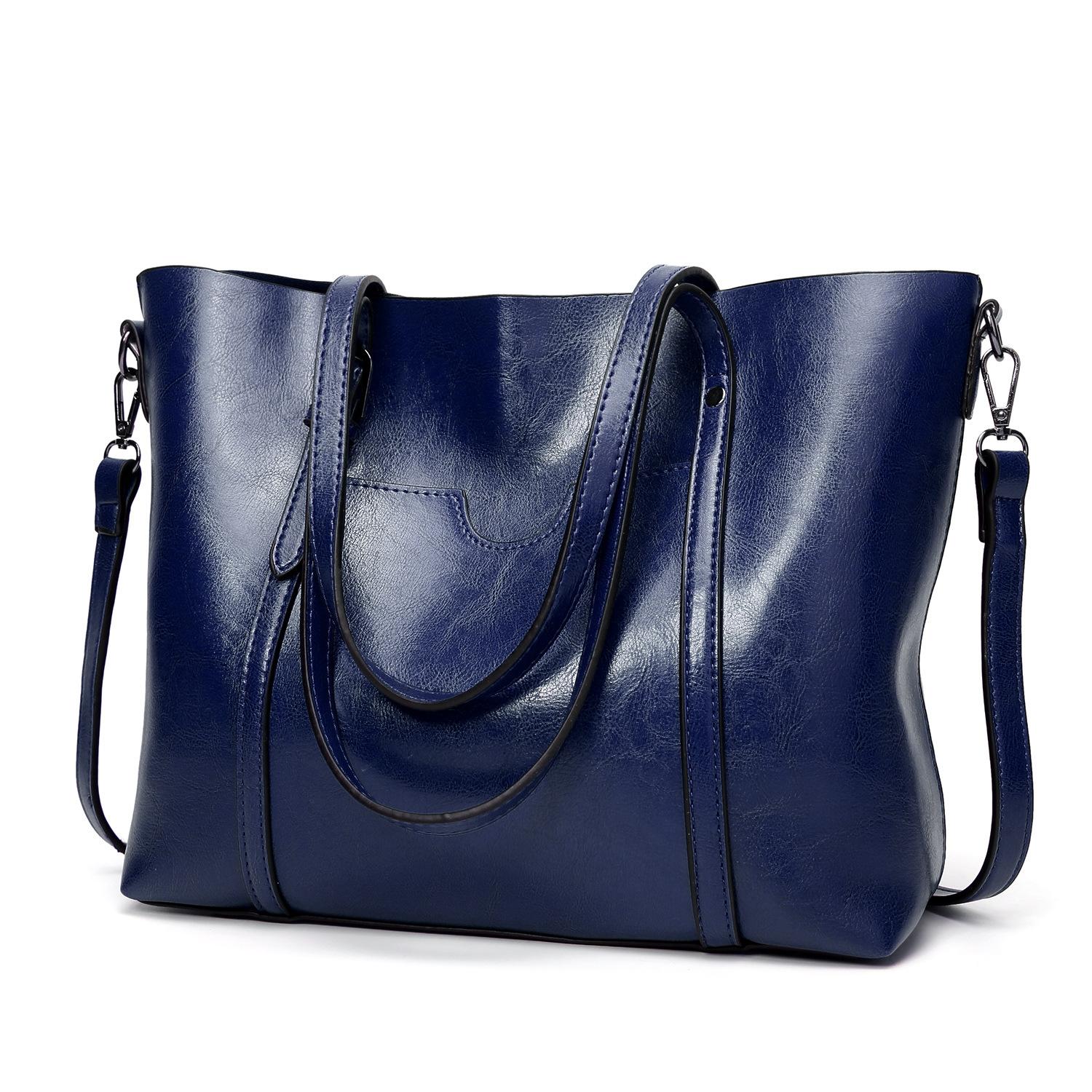 Stylish All-match Leather Handbag - Wax Finish - Navy Blue 15