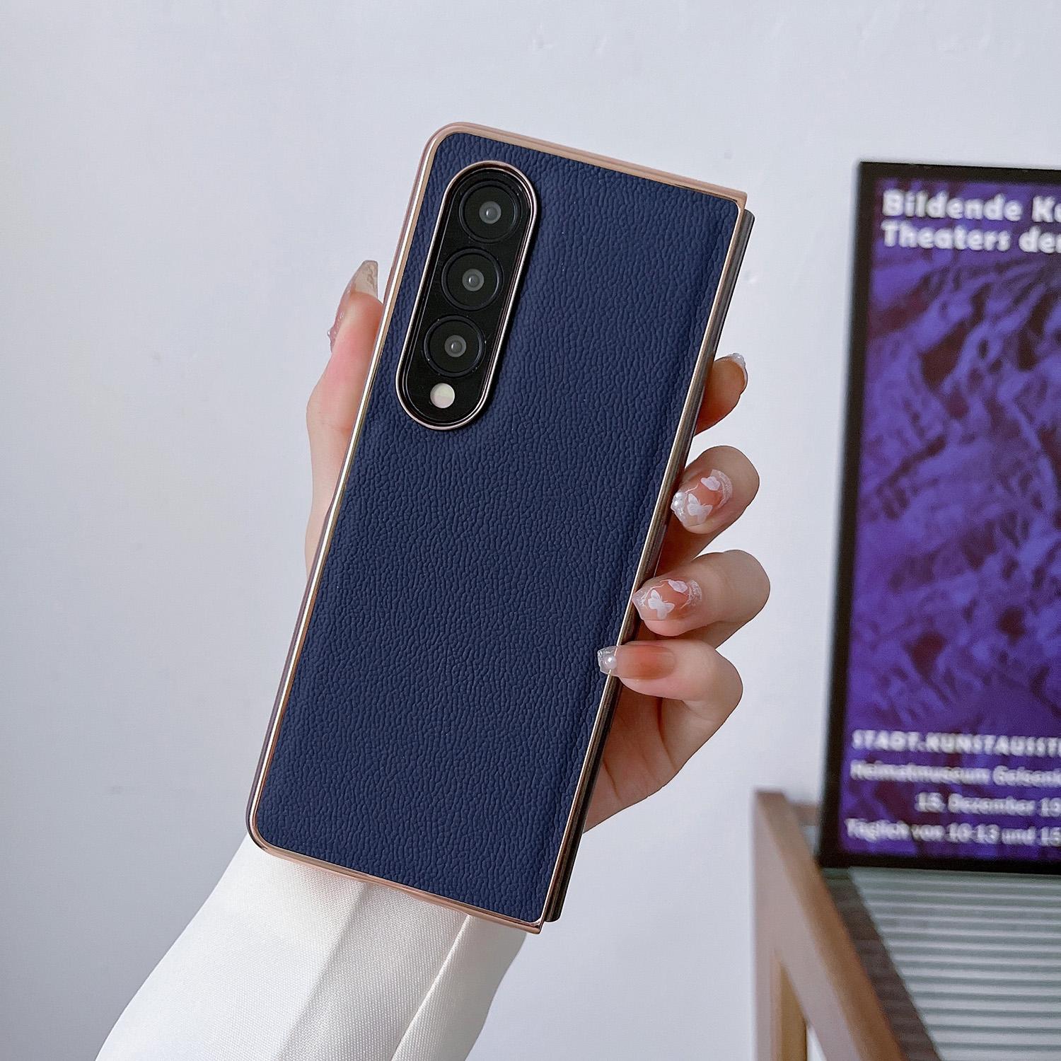 For Samsung Galaxy Z Fold4 5G Leather Phone Case - Nano Plating - Dark Blue 3