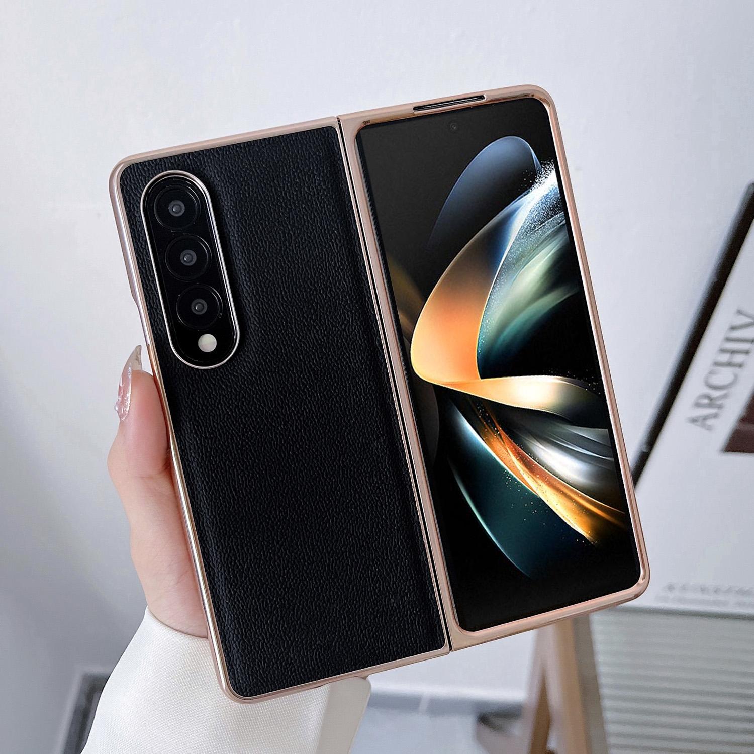 For Samsung Galaxy Z Fold4 5G Leather Phone Case - Nano Plating - Dark Blue 5