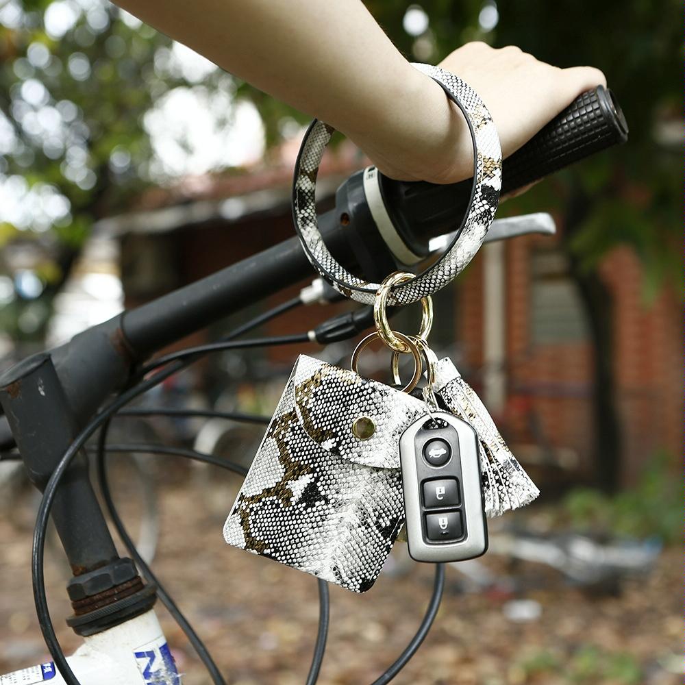 Snake Print Wrist Keychain Coin Purse Black Pu Leather Bracelet Card Case - Red 6