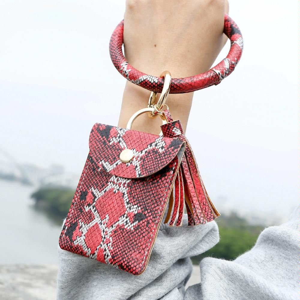 Snake Print Wrist Keychain Coin Purse Black Pu Leather Bracelet Card Case - Red 7