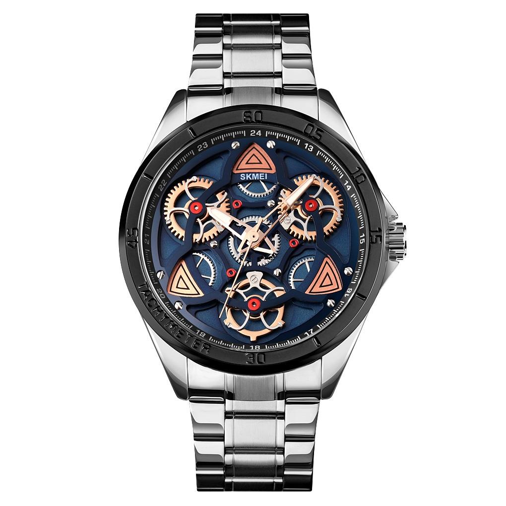 Waterproof Men Quartz Watch with Rotatable Gear Dial - Black Shell Blue Surface 12