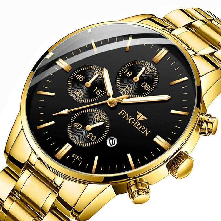 Men Three-eye Luminous Quartz Watch - Black / Gold 4