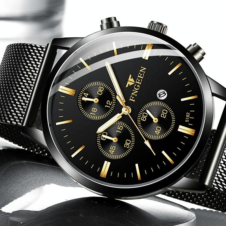 Men Three-eye Luminous Quartz Watch - Black / Gold 7