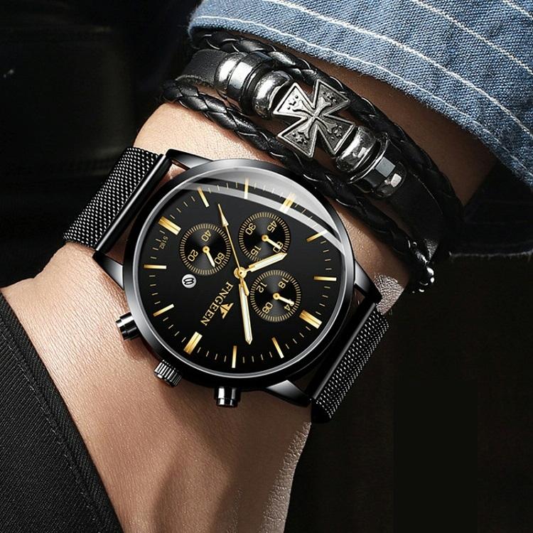 Men Three-eye Luminous Quartz Watch - Black / Gold 9