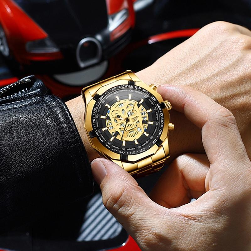 Waterproof Luminous Skeleton Watch - 30m - Black Steel Black White Nail 7