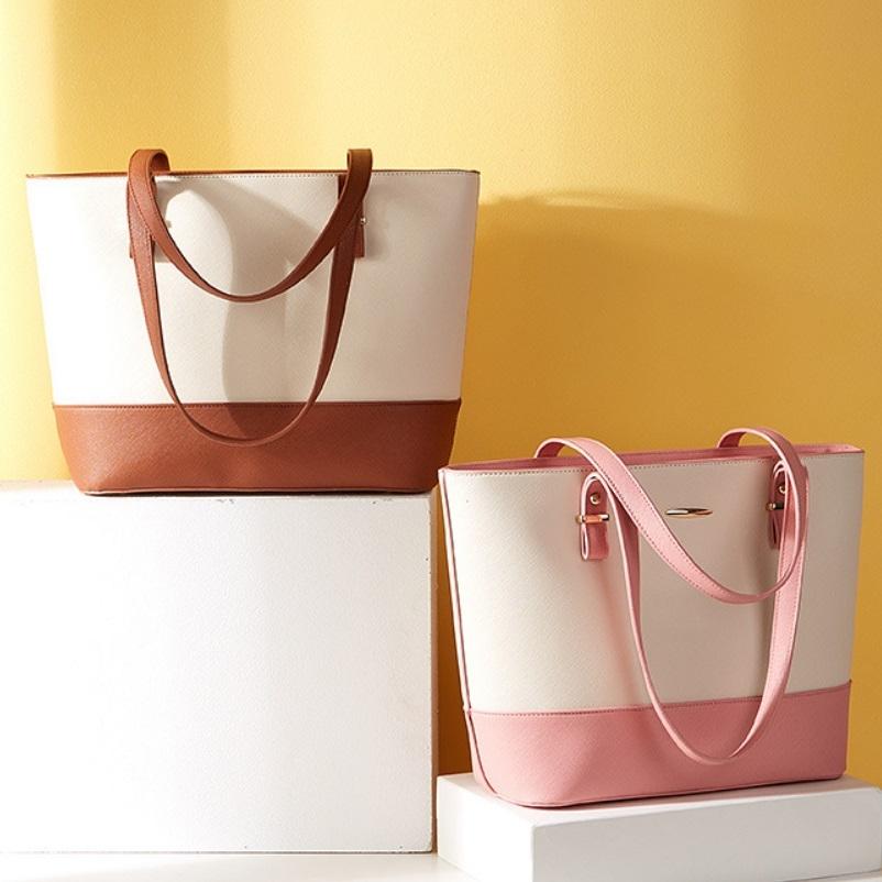 Large Capacity Fashion Handbag with Diagonal Design and Letter Detail - White Pink 9
