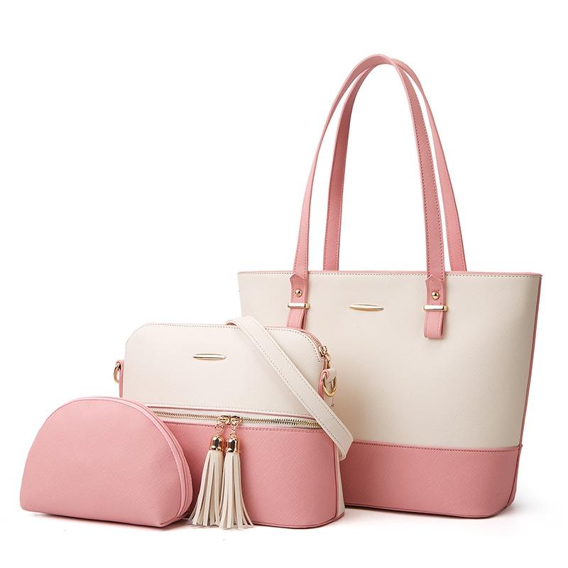 Large Capacity Fashion Handbag with Diagonal Design and Letter Detail - White Pink 10