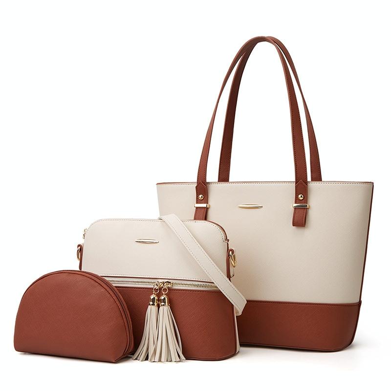 Large Capacity Fashion Handbag with Diagonal Design and Letter Detail - White Pink 11