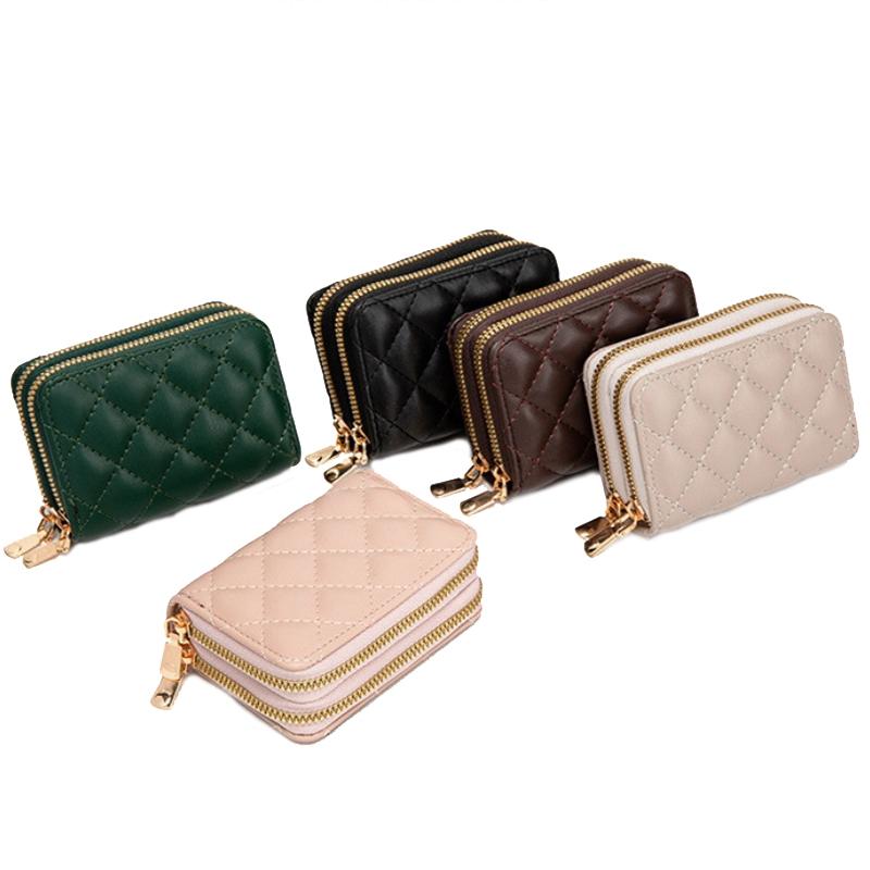 Double Layer Zipper Wallet Multi Card Slot Large Capacity Rhombus Design - Coffee