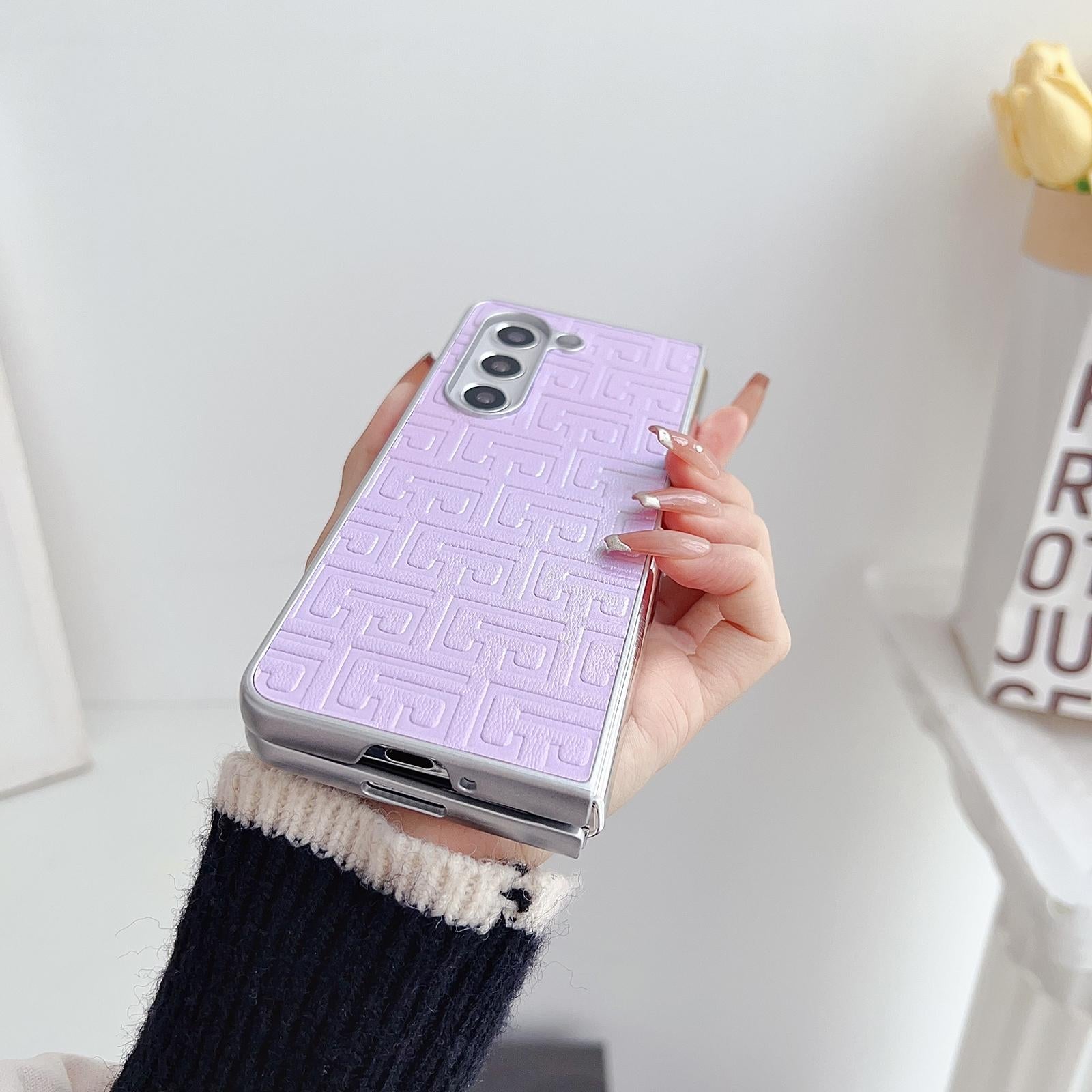 For Samsung Galaxy Z Fold4 5G Geometric Gradient Leather Phone Case - Pearlescent Finish - Pink 5