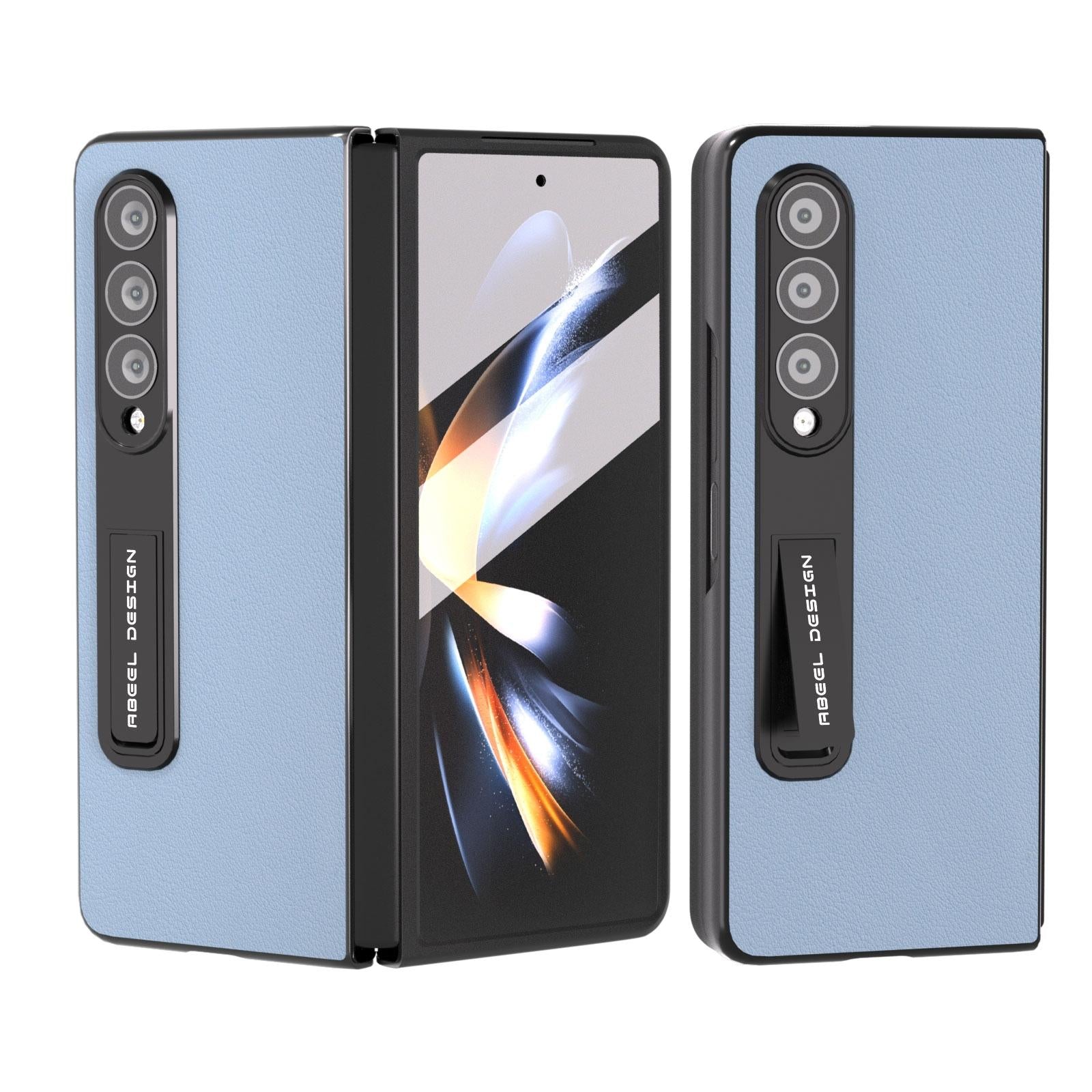 For Samsung Galaxy Z Fold4 5G Leather Phone Case With Holder - Wave Design - Blue