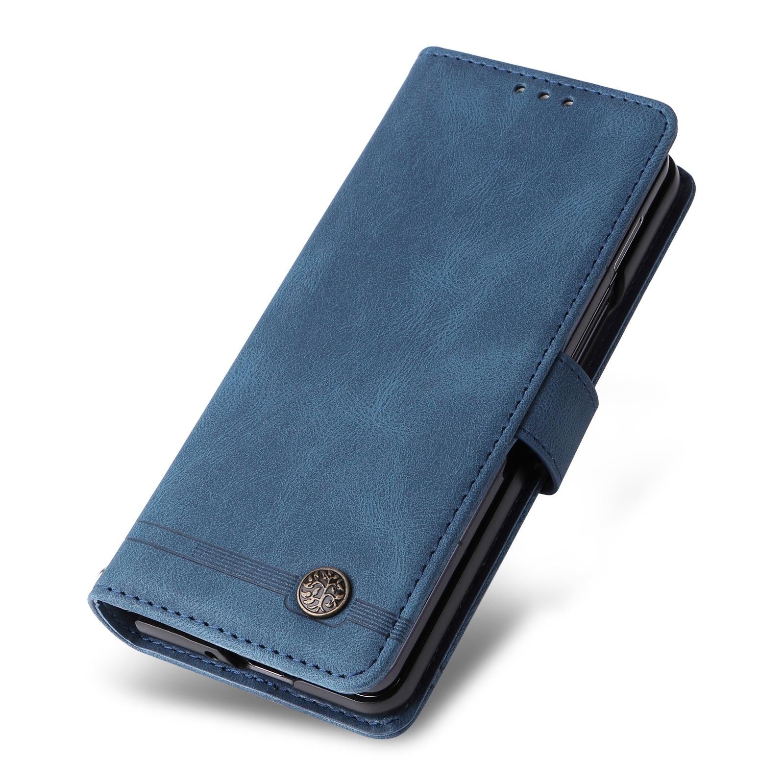 For Samsung Galaxy Z Fold4 5G Metal Button Leather Case - Tree Design - Black 7