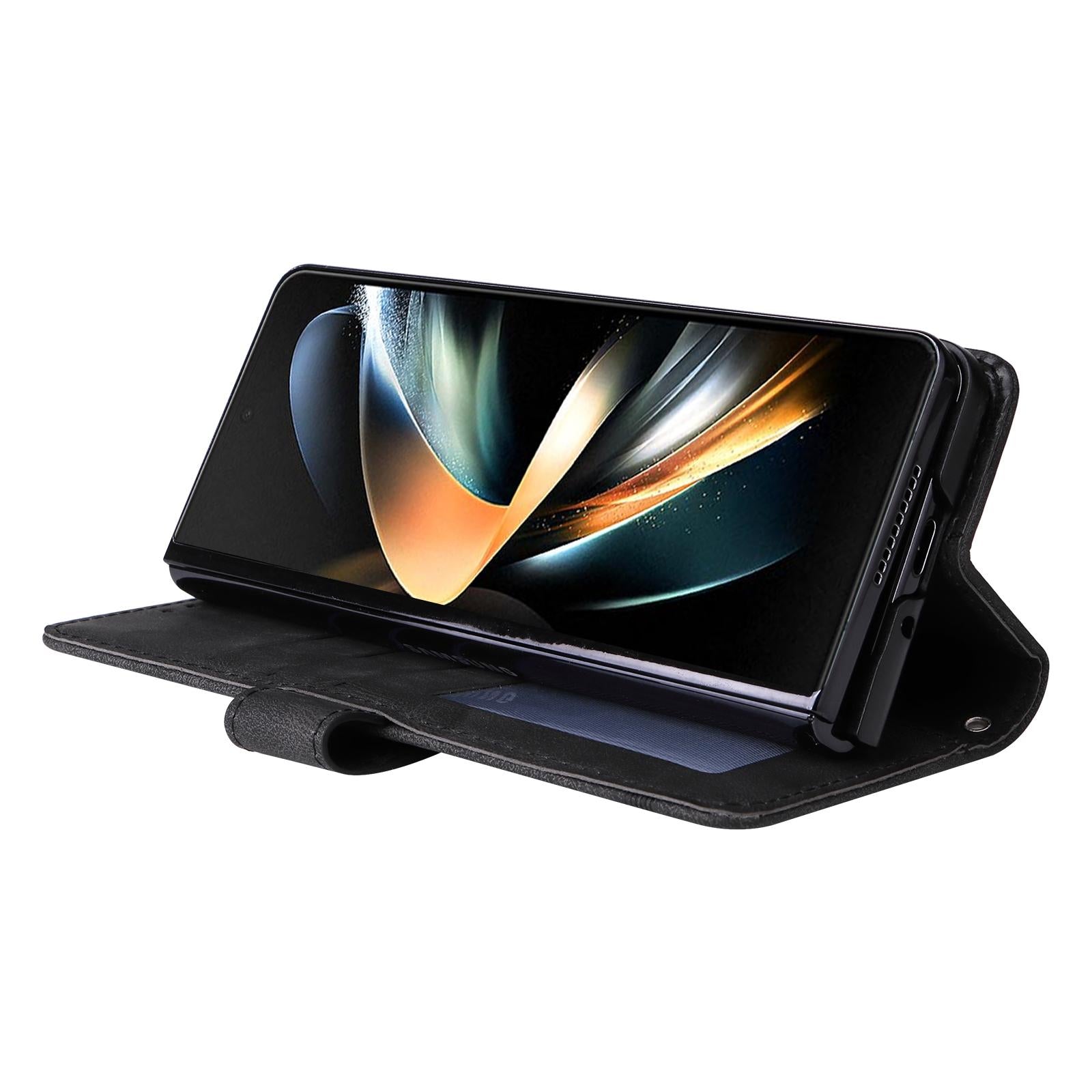 For Samsung Galaxy Z Fold4 5G Metal Button Leather Case - Tree Design - Black 11