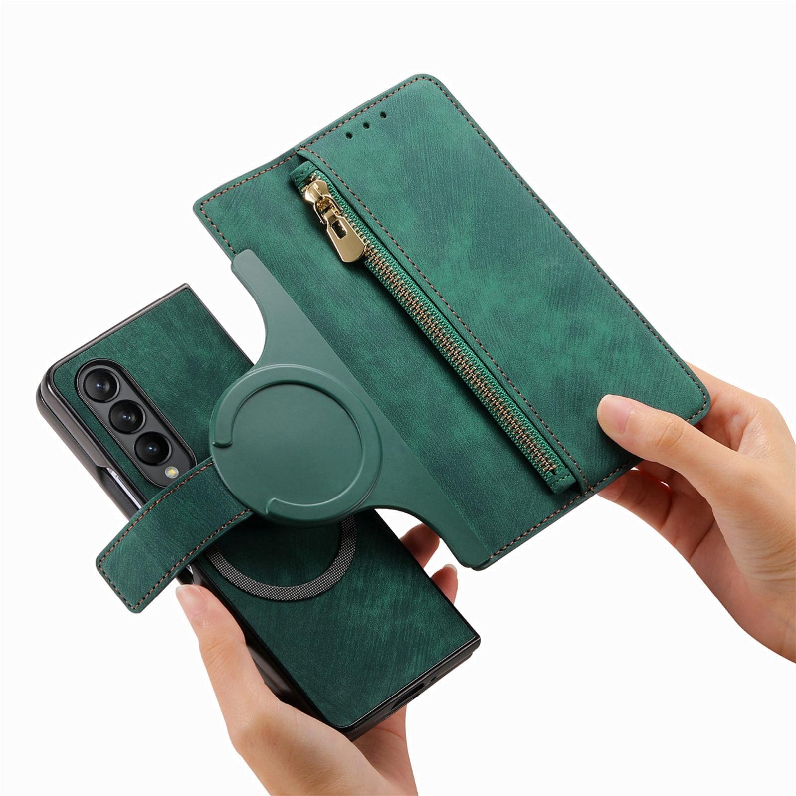 For Samsung Galaxy Z Fold4 5G Vintage Magnetic Wallet Case - Zipper Closure - Blue 7