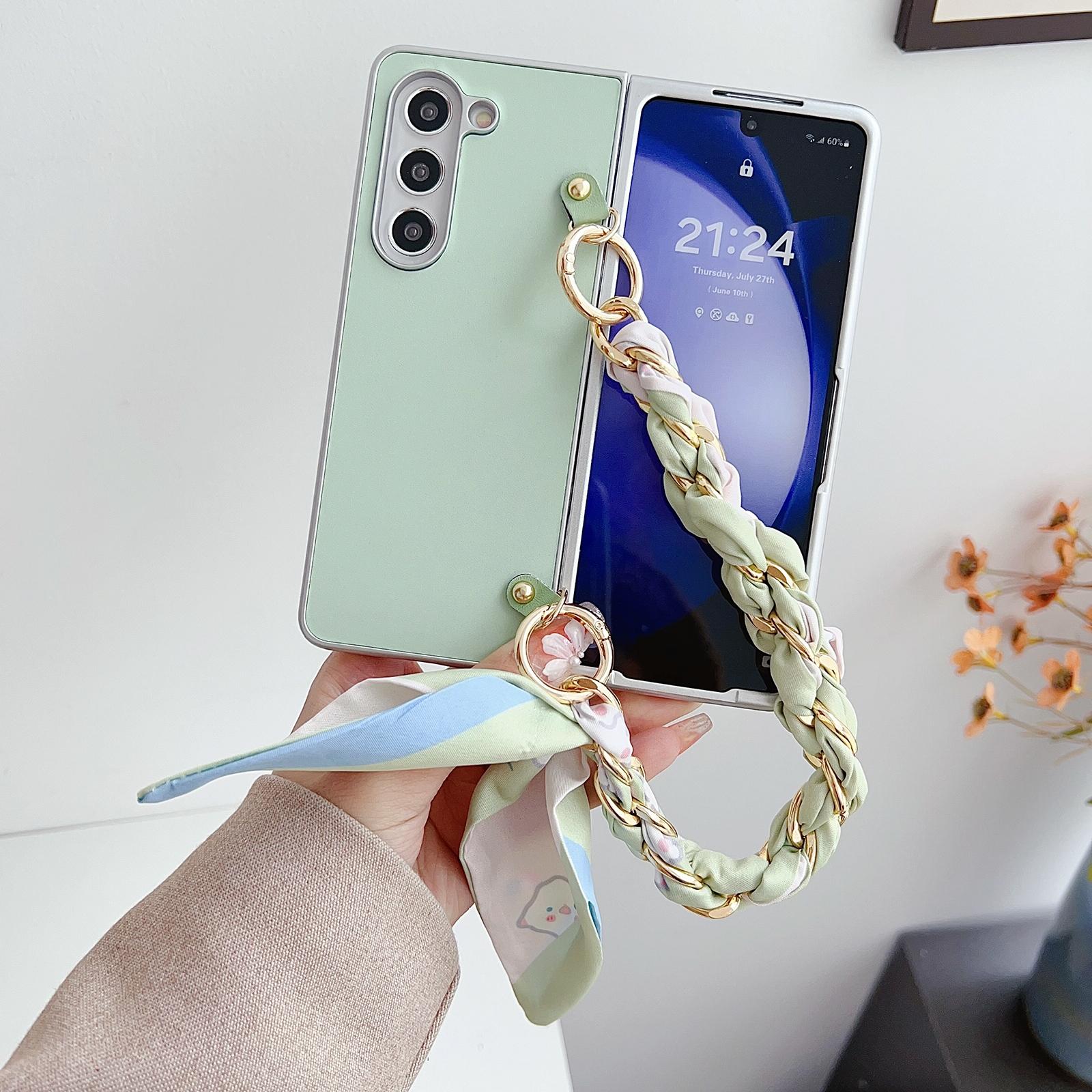 For Samsung Galaxy Z Fold4 5G Leather Phone Case With Metallic Paint And Scarf Bracelet - Green 3