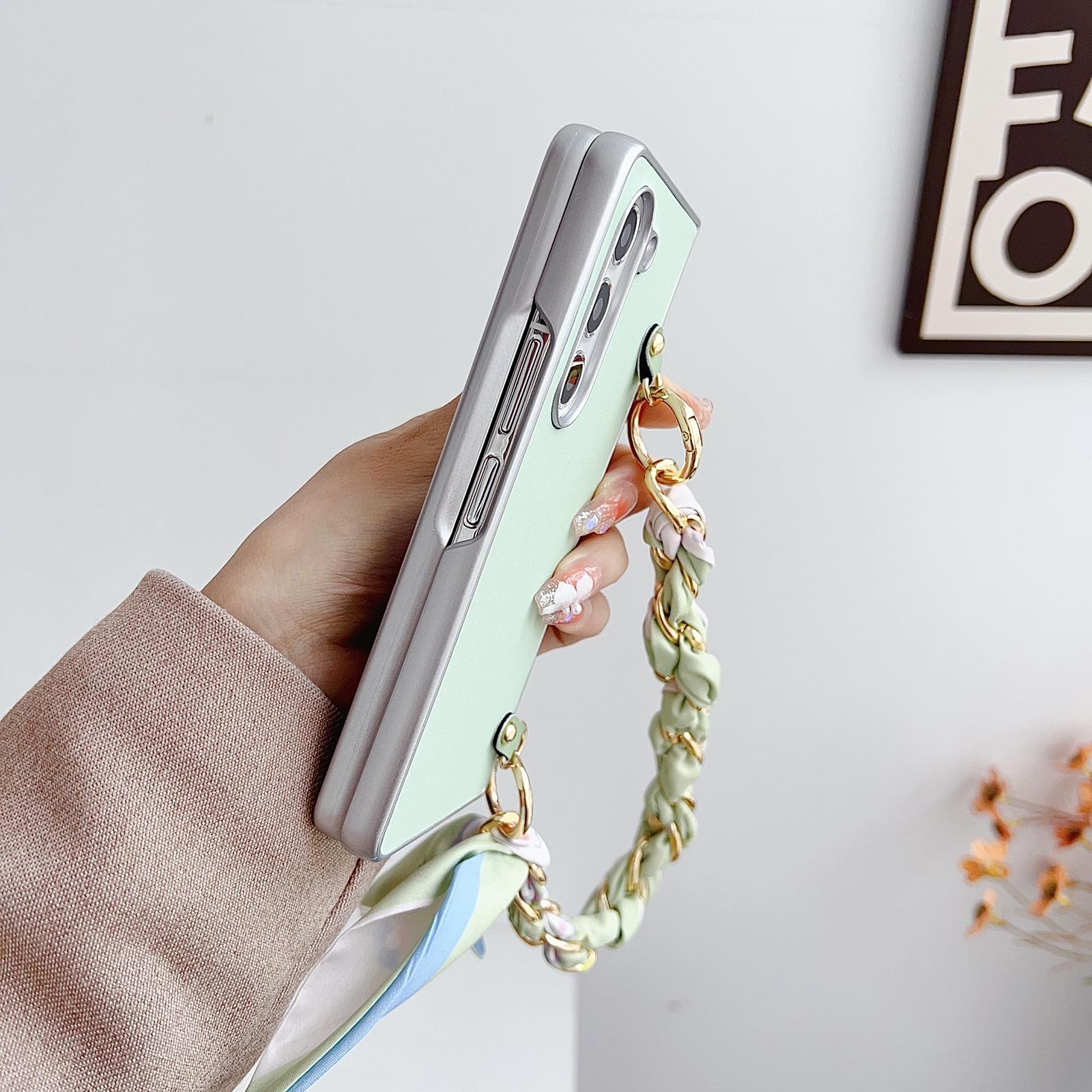 For Samsung Galaxy Z Fold4 5G Leather Phone Case With Metallic Paint And Scarf Bracelet - Green 11