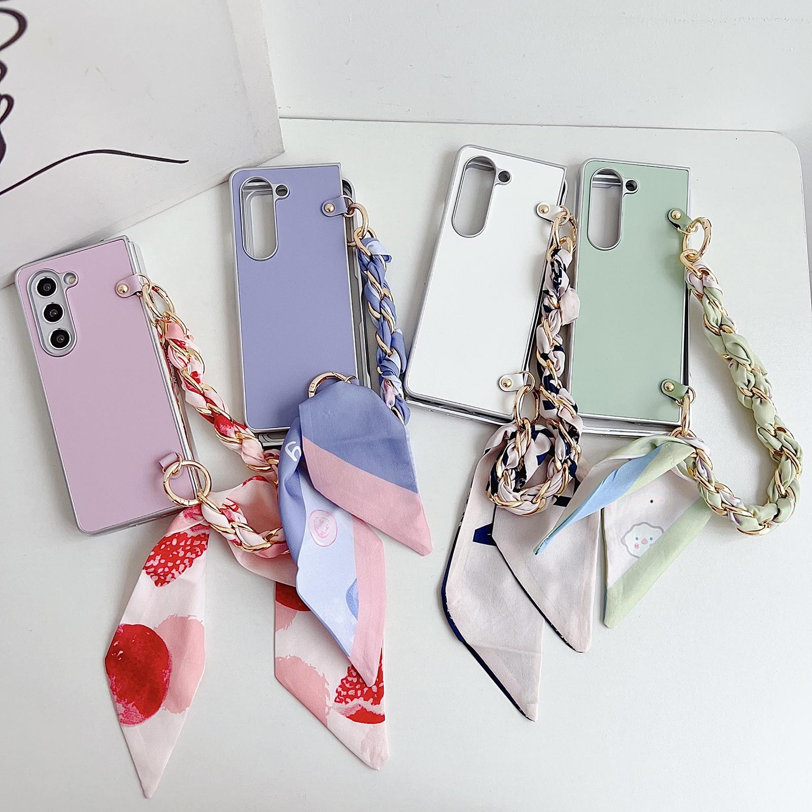 For Samsung Galaxy Z Fold4 5G Leather Phone Case With Metallic Paint And Scarf Bracelet - Green 14