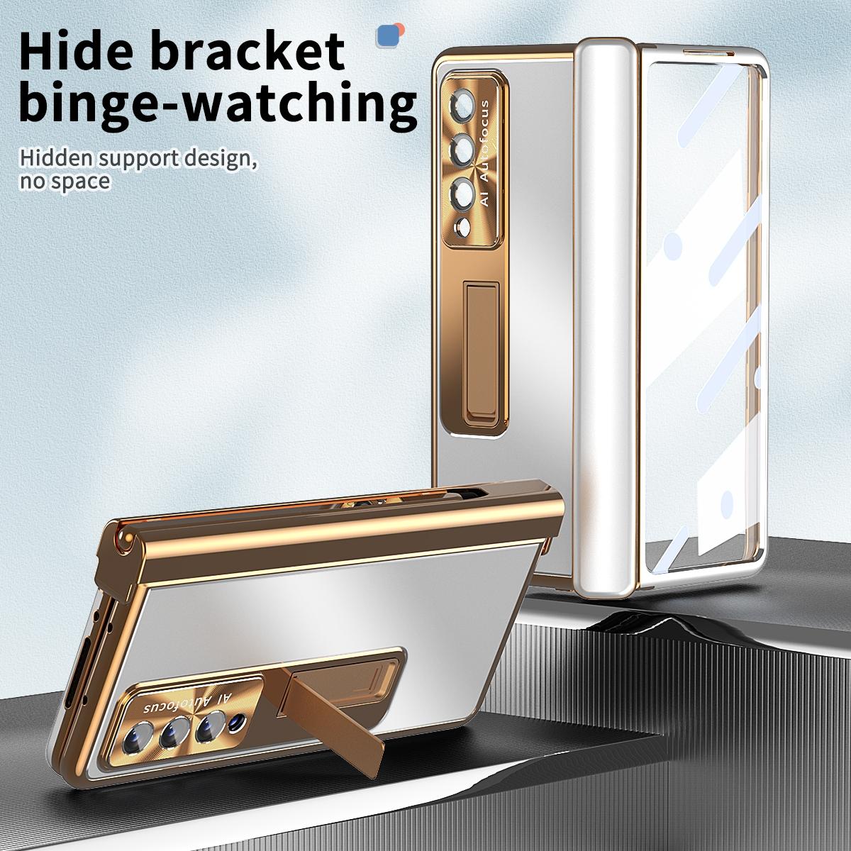 For Samsung Galaxy Z Fold4 5G Shockproof Aluminum Double Hinge Case - Silver Gold 15
