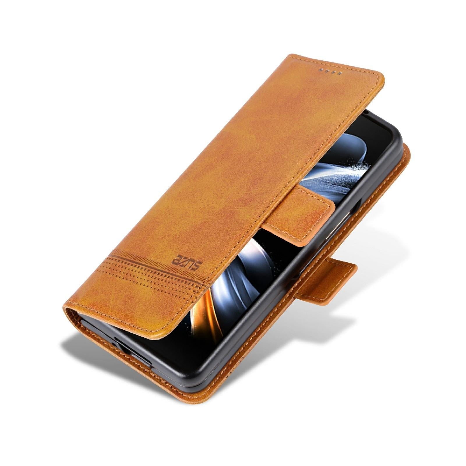 For Samsung Galaxy Z Fold4 5G Leather Magnetic Phone Case - Calf Texture - Light Brown 12
