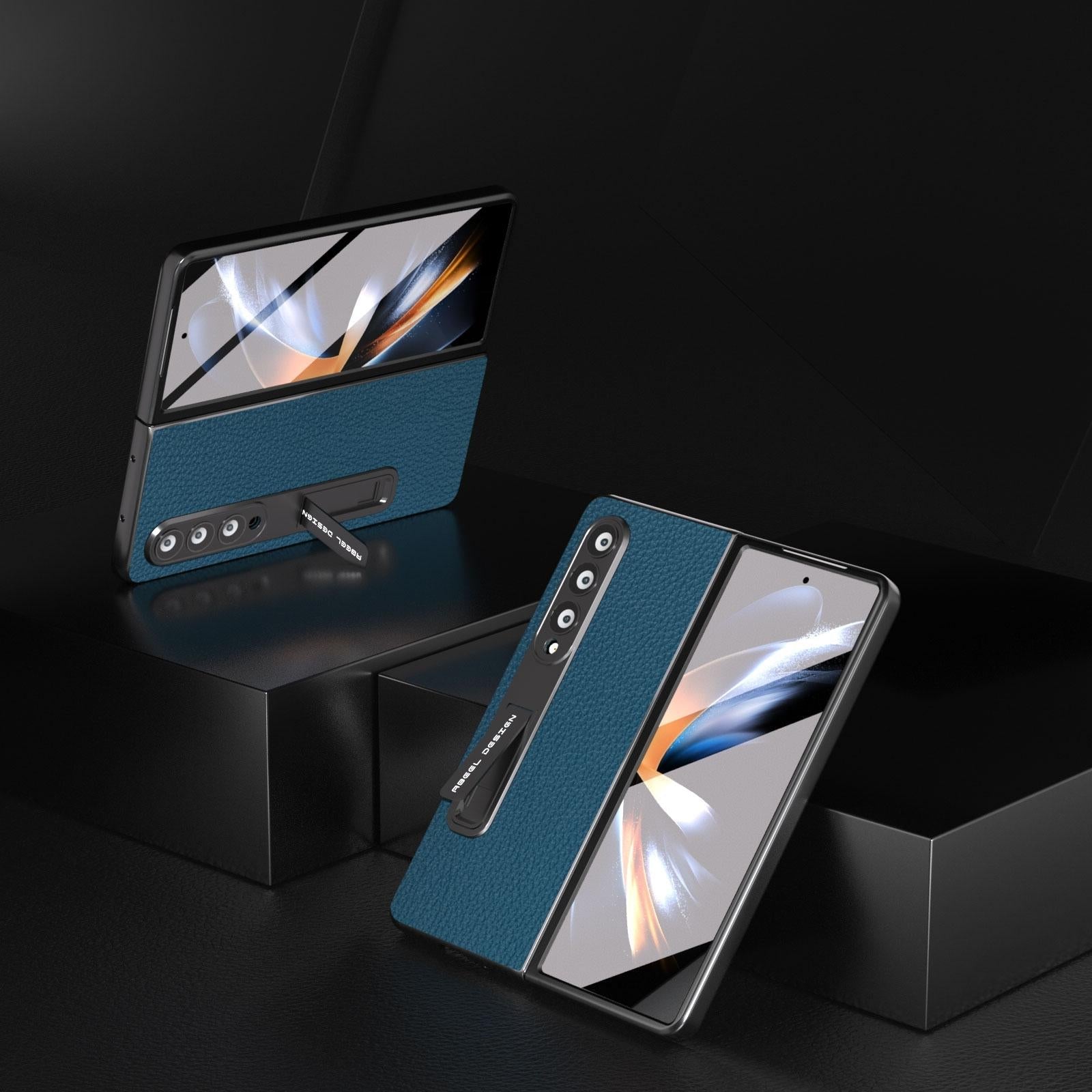 For Samsung Galaxy Z Fold4 5G Leather Phone Case With Holder - Litchi Texture - Grey 9