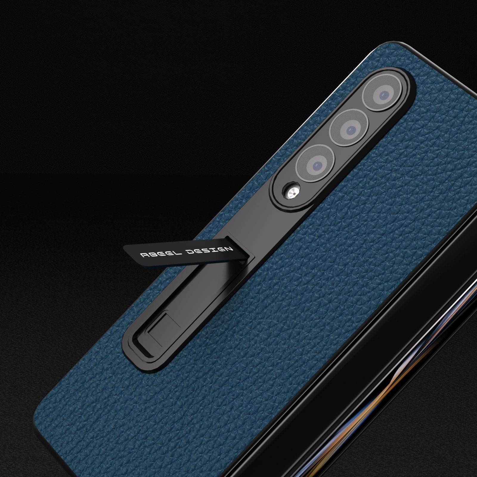 For Samsung Galaxy Z Fold4 5G Leather Phone Case With Holder - Litchi Texture - Grey 10