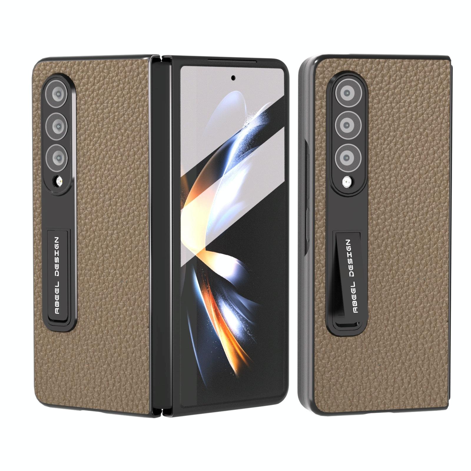 For Samsung Galaxy Z Fold4 5G Leather Phone Case With Holder - Litchi Texture - Grey 12
