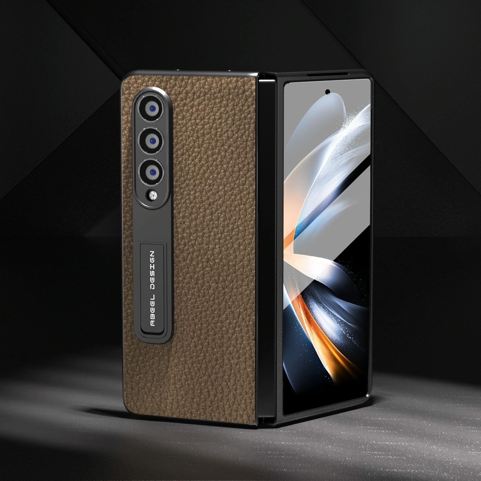 For Samsung Galaxy Z Fold4 5G Leather Phone Case With Holder - Litchi Texture - Grey 13