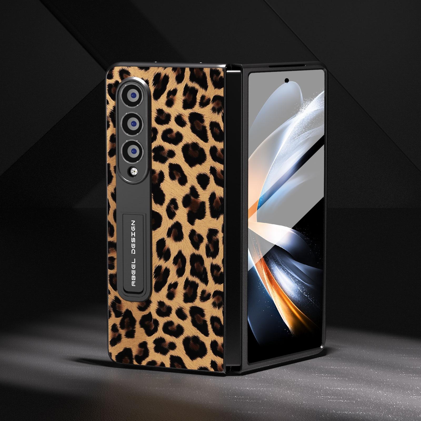 For Samsung Galaxy Z Fold4 5G Leopard Print Phone Case With Holder - Champagne Gold 5