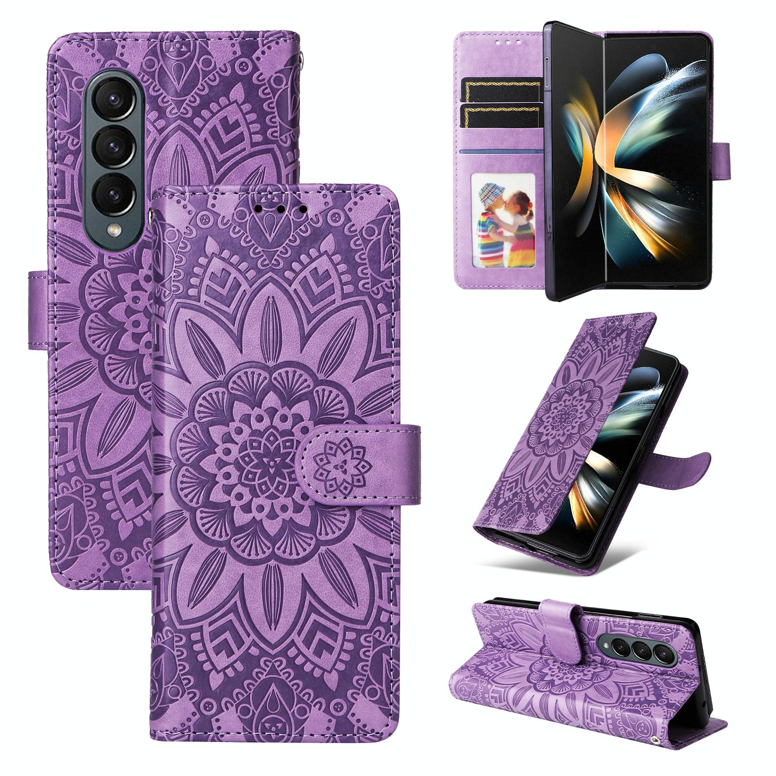For Samsung Galaxy Z Fold4 5G Sunflower Embossed Leather Phone Case - Green 7