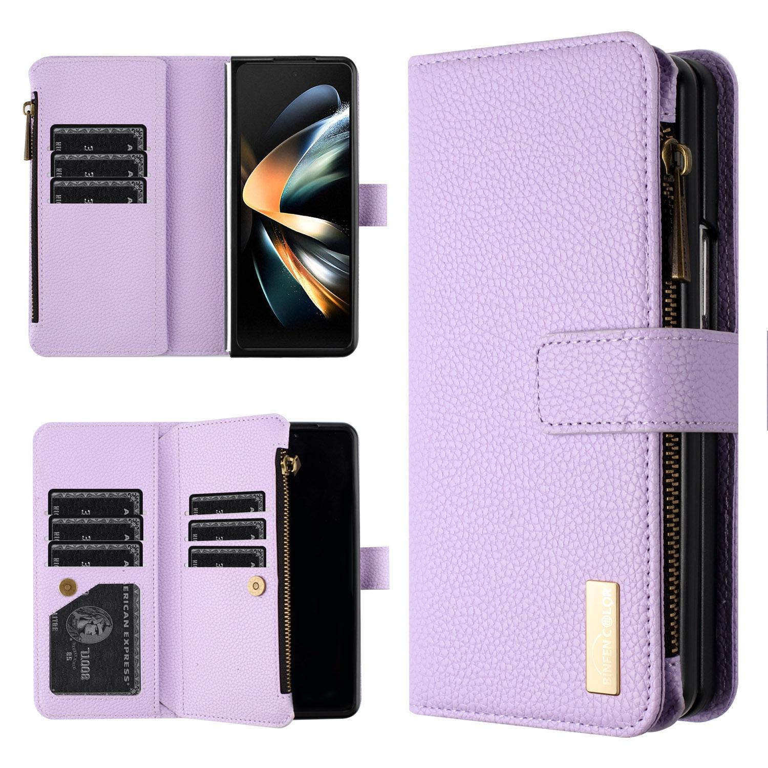 For Samsung Galaxy Z Fold4 5G Litchi Texture Zip Wallet - Gold 14