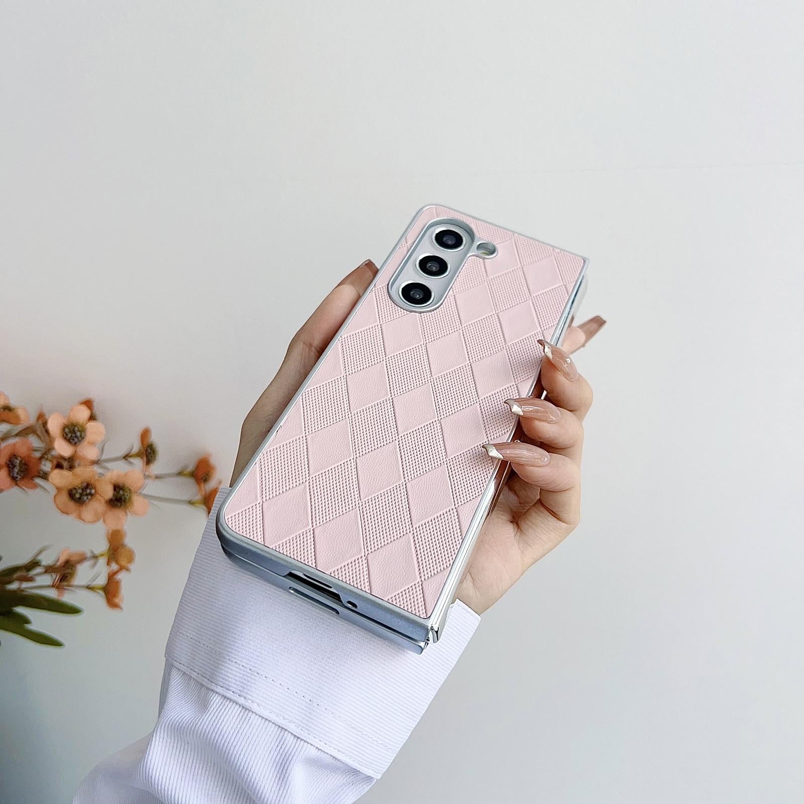 For Samsung Galaxy Z Fold4 5G Checkered Leather Phone Case With Pearlescent Finish - Black 4