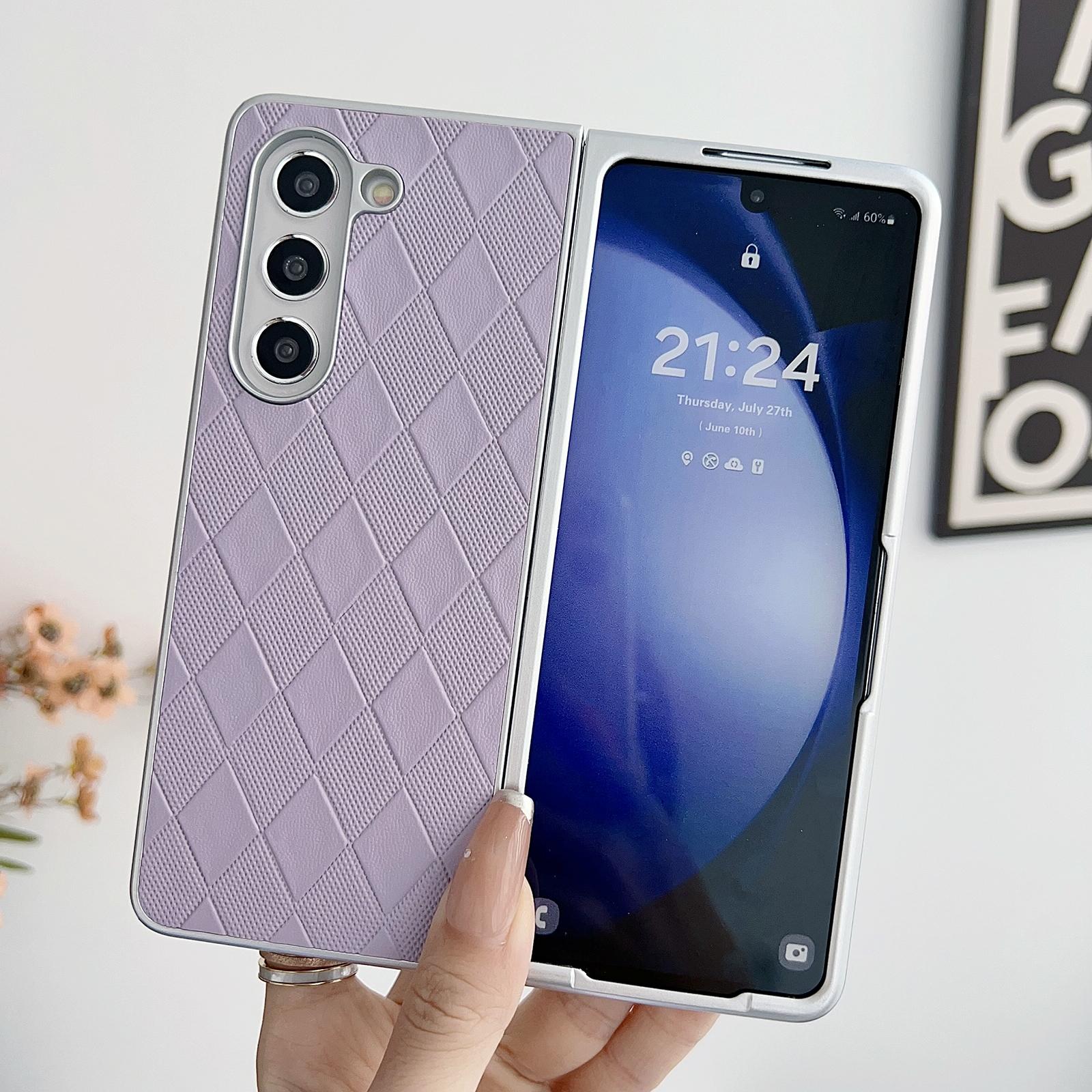 For Samsung Galaxy Z Fold4 5G Checkered Leather Phone Case With Pearlescent Finish - Black 8