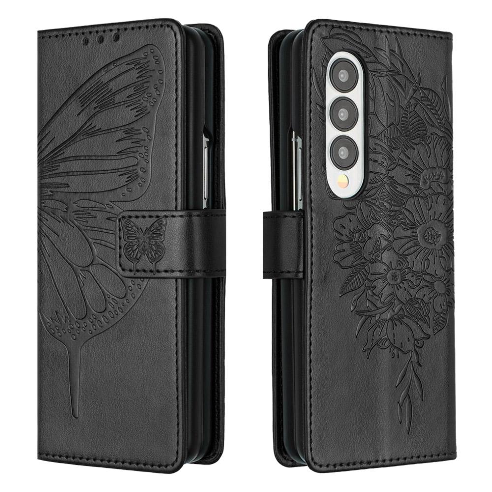 For Samsung Galaxy z Fold4 5G Butterfly Embossed Leather Phone Case - Black