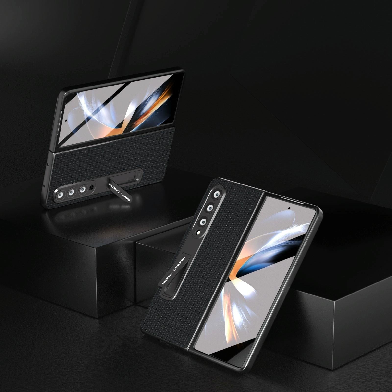 For Samsung Galaxy Z Fold4 5G Premium Leather Phone Case With Holder - Luxury Design - Black 13