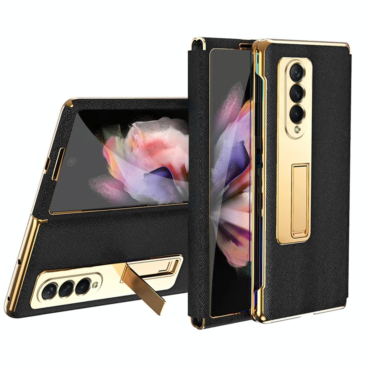 For Samsung Galaxy Z Fold4 5G Flip Case With Tempered Film - Textured Hinge - Purple