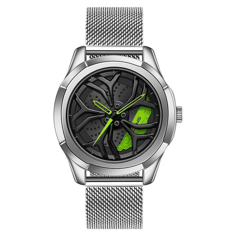 Men Mesh Belt Quartz Watch with 3d Hollow out Wheel - Blue Green 9