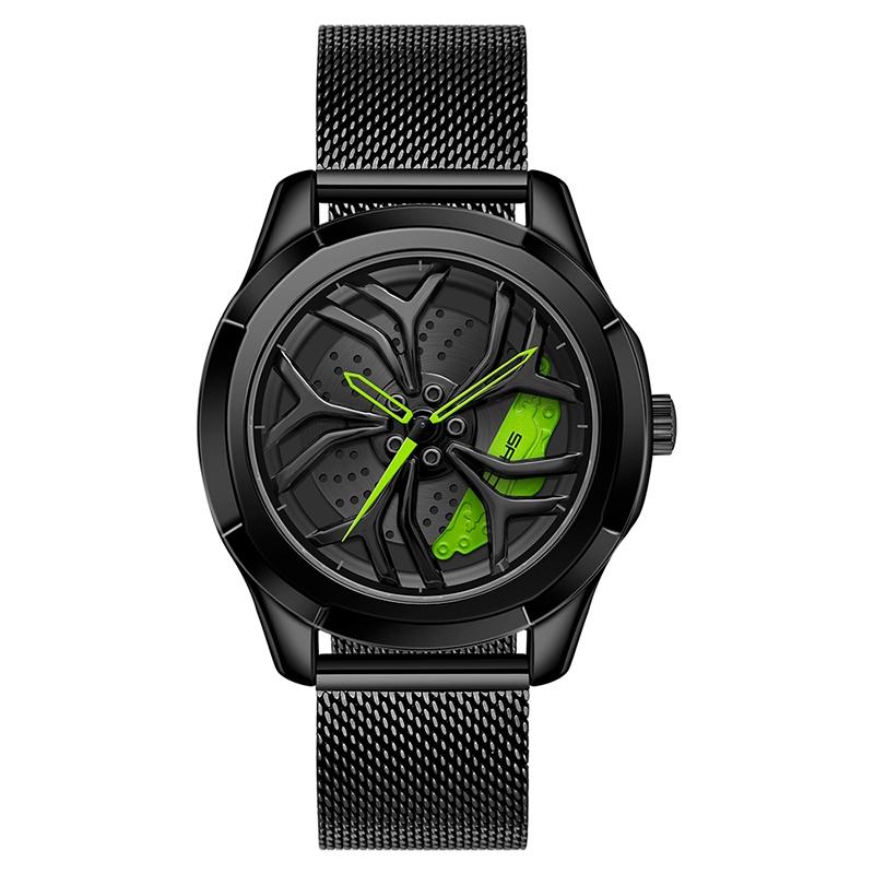 Men Mesh Belt Quartz Watch with 3d Hollow out Wheel - Blue Green 12