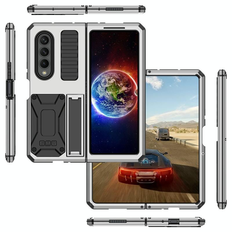 For Samsung Galaxy Z Fold4 5G Shockproof Metal Case With Holder - Silver 3