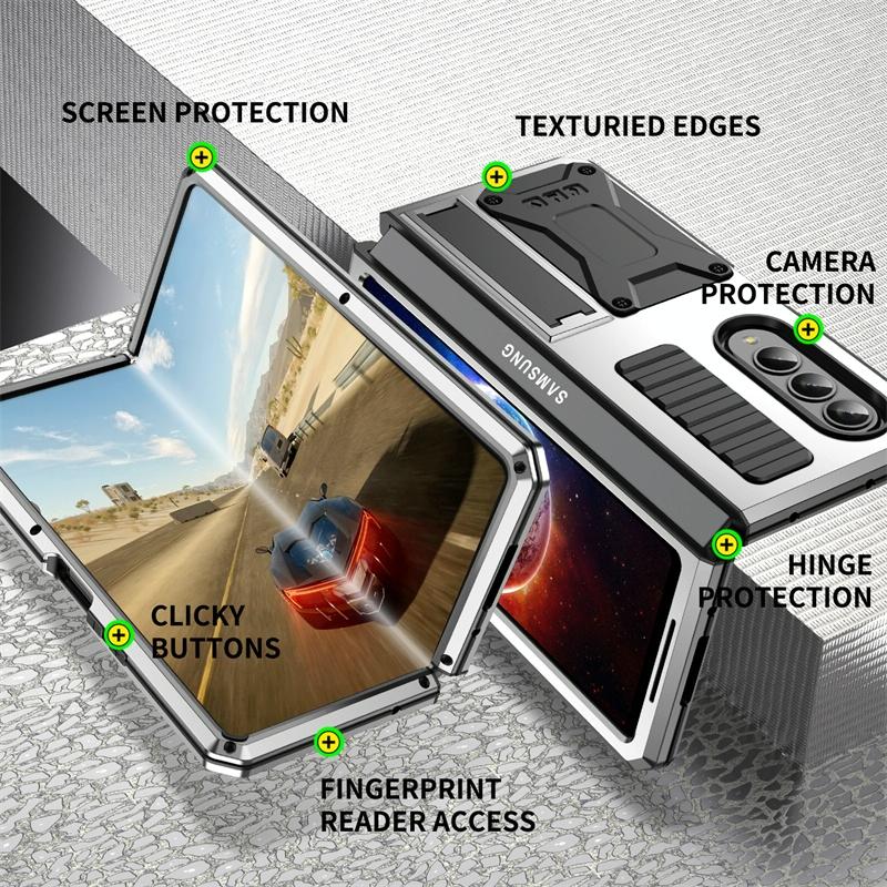 For Samsung Galaxy Z Fold4 5G Shockproof Metal Case With Holder - Silver 4