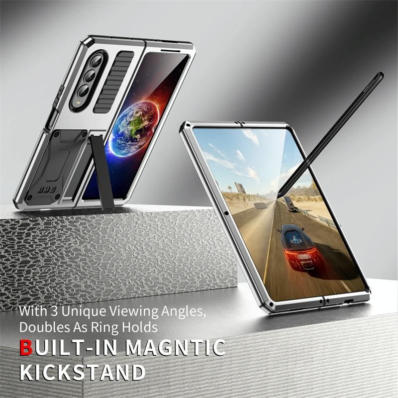 For Samsung Galaxy Z Fold4 5G Shockproof Metal Case With Holder - Silver 6