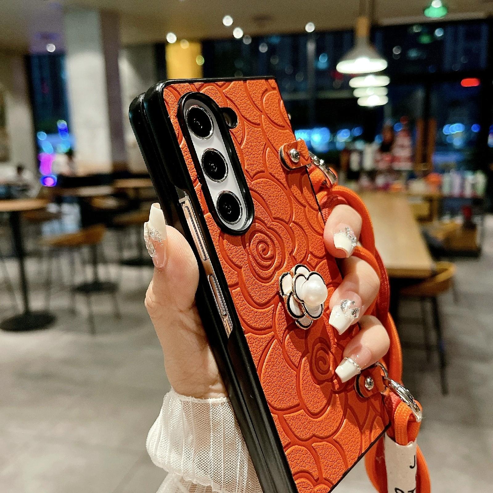 For Samsung Galaxy Z Fold4 5G Camellia Pattern Phone Case With Lanyard - Orange 5