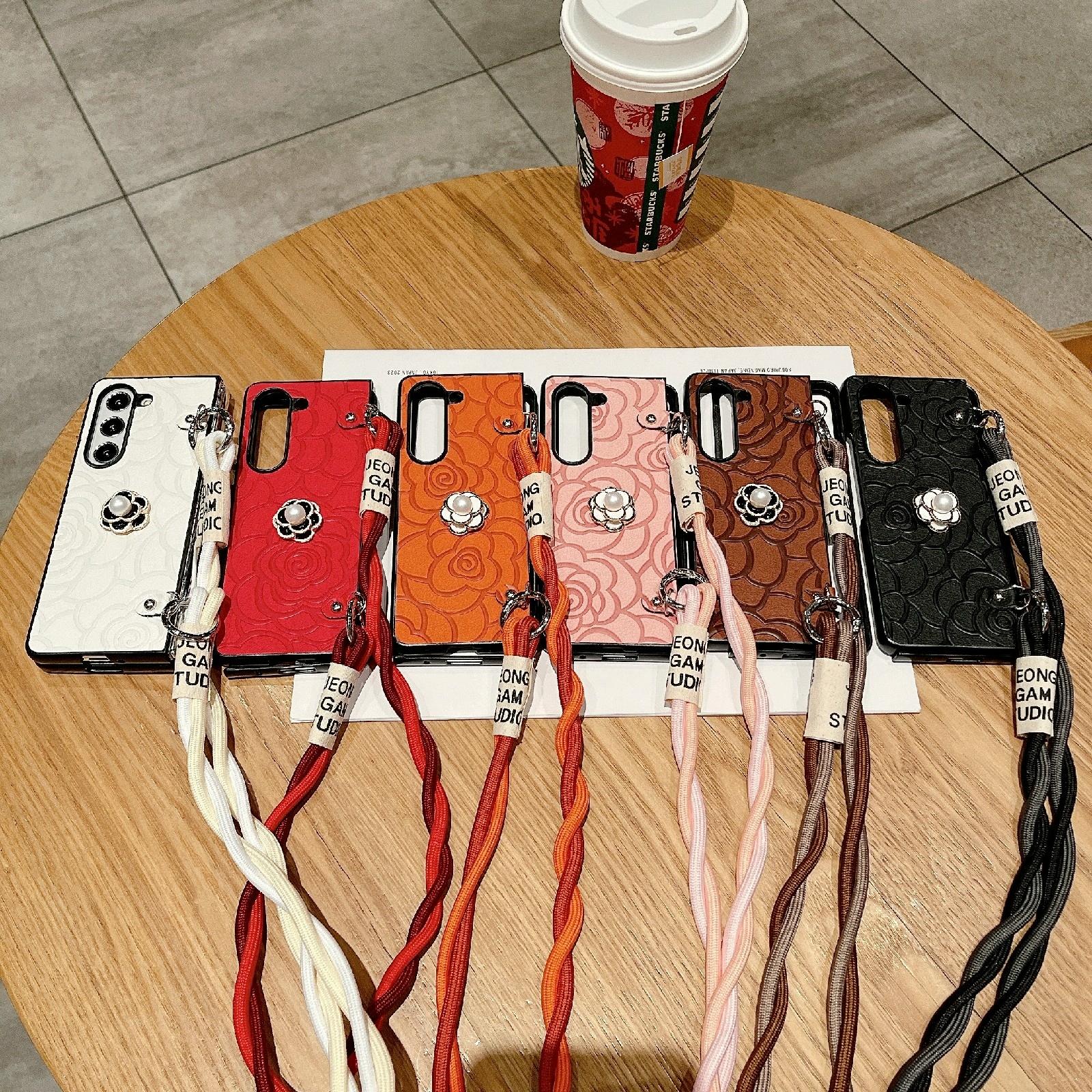 For Samsung Galaxy Z Fold4 5G Camellia Pattern Phone Case With Lanyard - Orange 7