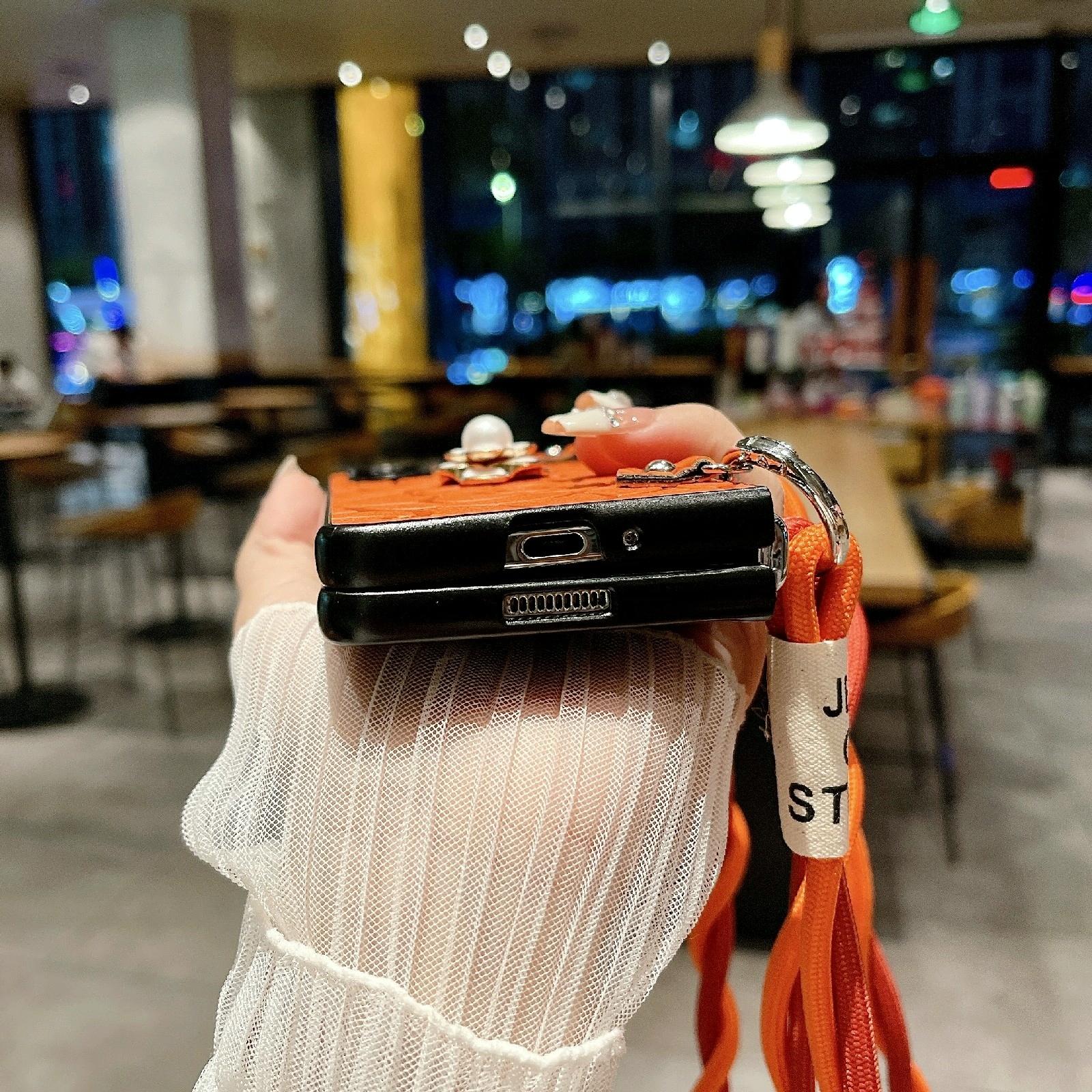 For Samsung Galaxy Z Fold4 5G Camellia Pattern Phone Case With Lanyard - Orange 12