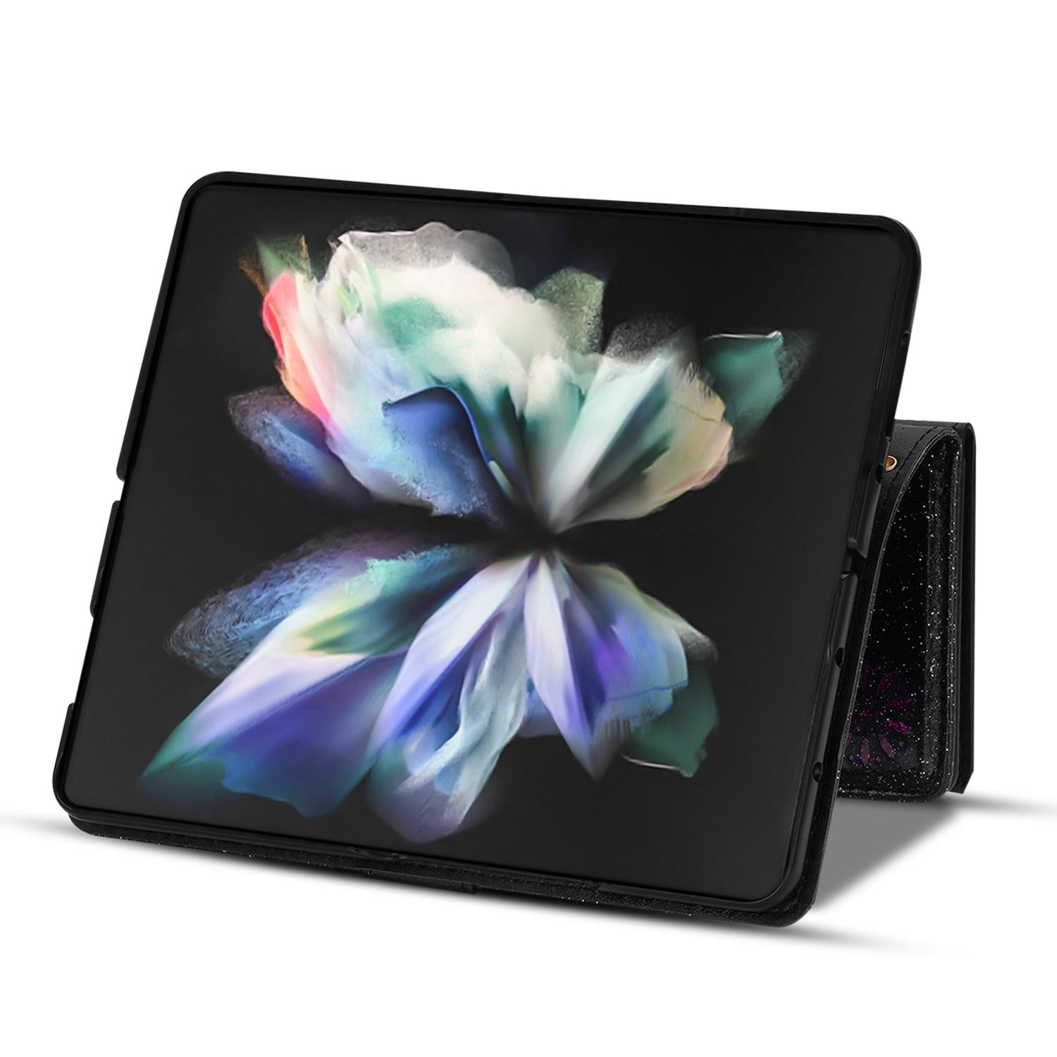 For Samsung Galaxy Z Fold4 5G Sparkling Leather Zip Case - Zipper Closure - Black 5