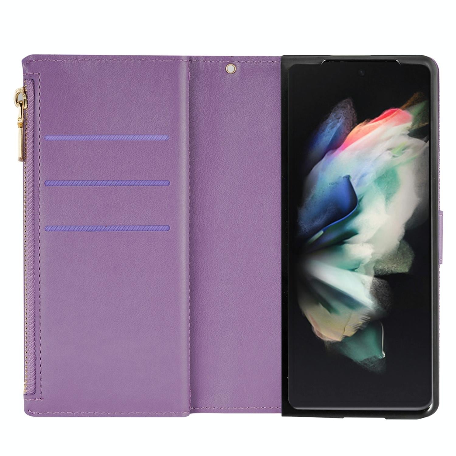 For Samsung Galaxy Z Fold4 5G Sparkling Leather Zip Case - Zipper Closure - Black 12
