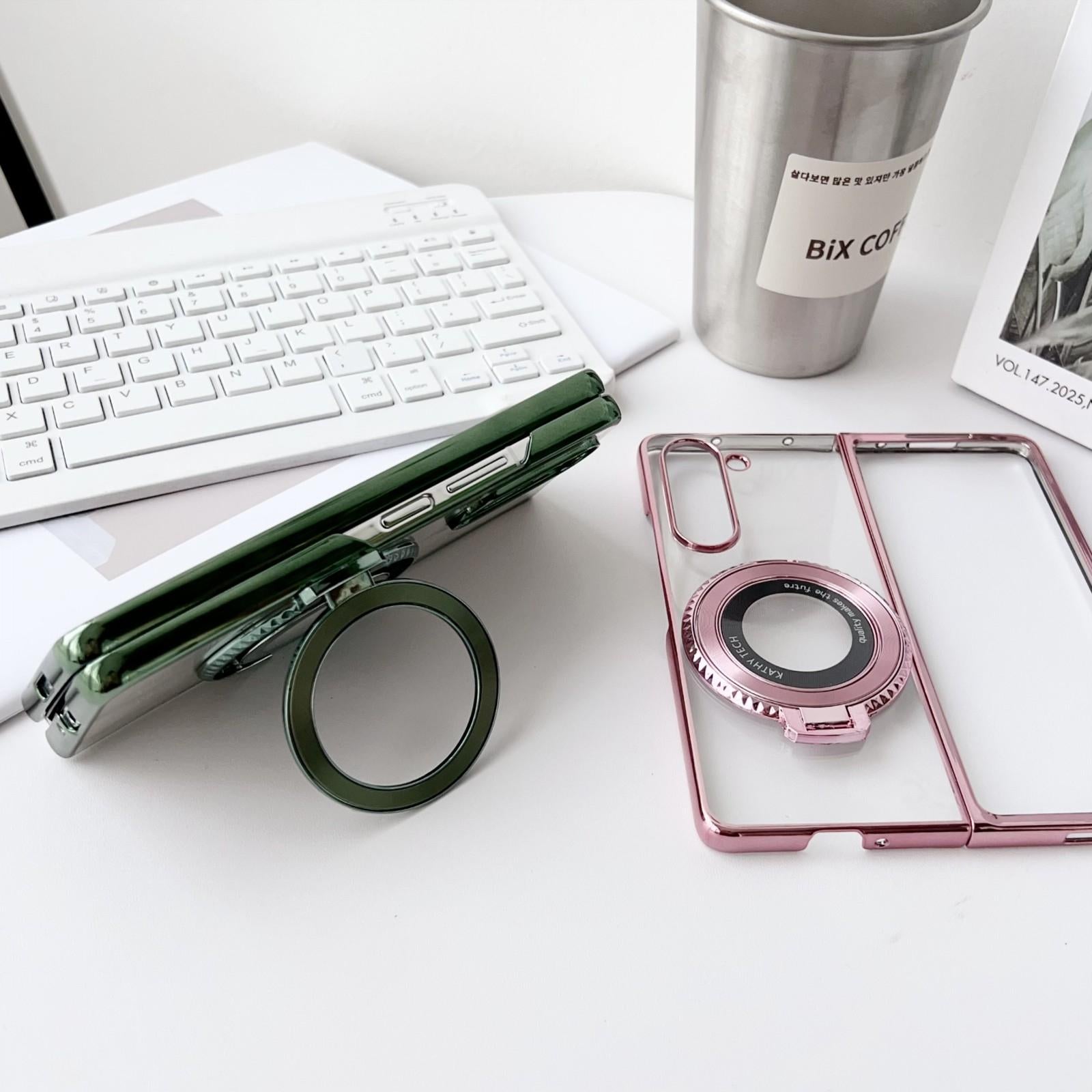 For Samsung Galaxy z Fold4 5G Shockproof Magsafe Holder for Rotating Plating Phone Case - Green 3