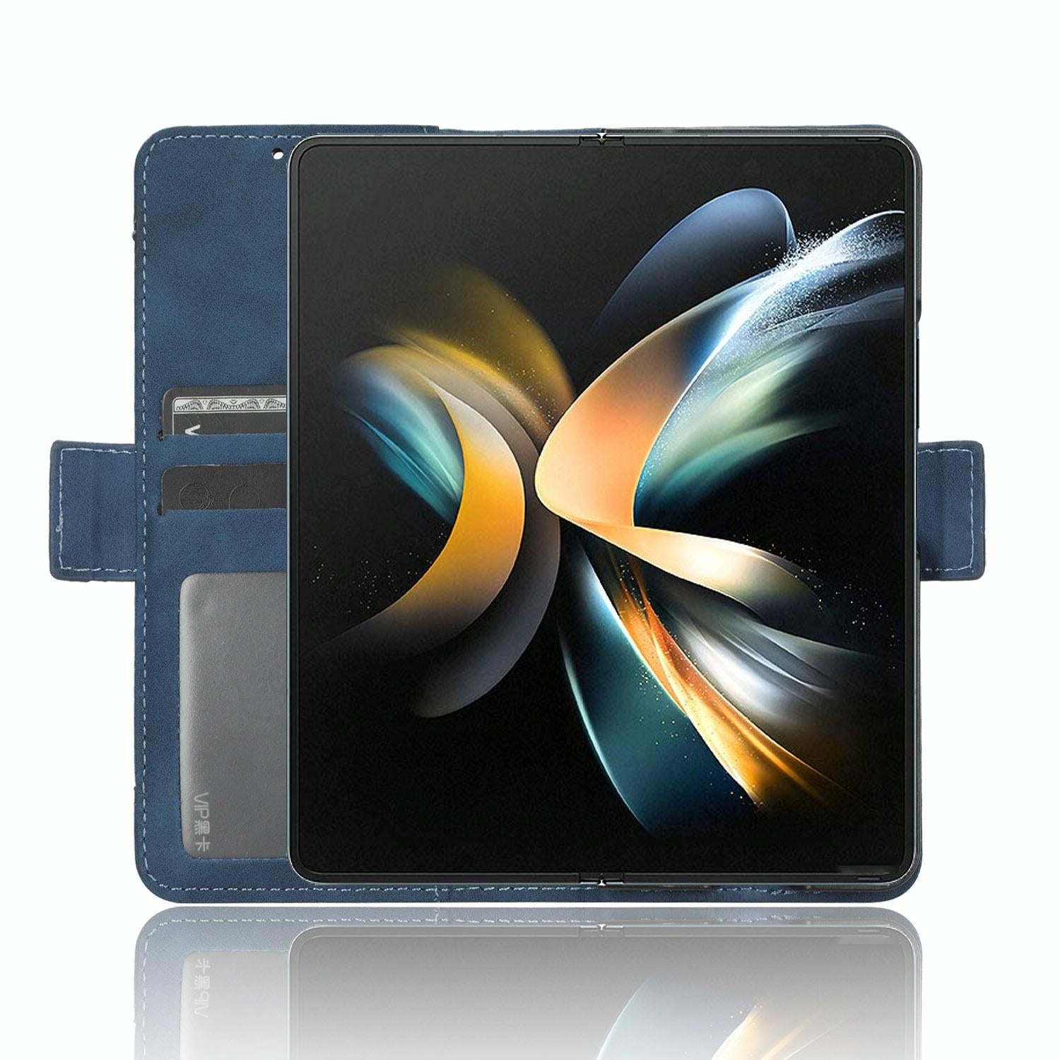 For Samsung Galaxy Z Fold4 5G Leather Phone Case With Card Slots And Calf Texture - Blue 13