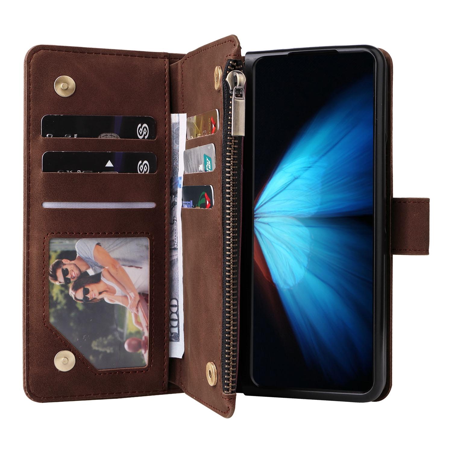 For Samsung Galaxy Z Fold4 5G Frosted Leather Zip Wallet - Compact And Stylish - Brown 5