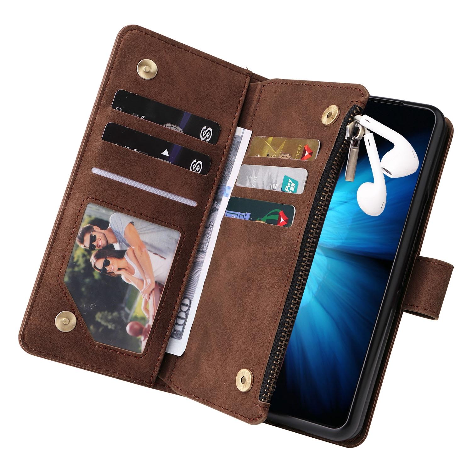 For Samsung Galaxy Z Fold4 5G Frosted Leather Zip Wallet - Compact And Stylish - Brown 7
